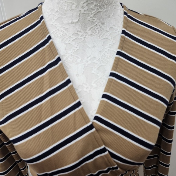NWT Final Touch Ribbed Knit Tie Front Top M Tan Black White Stripes USA Made‎ - Picture 5 of 10